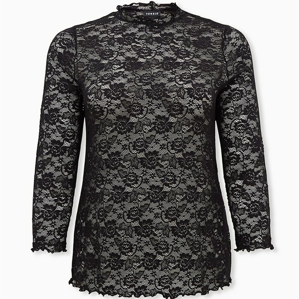 Torrid Sheer Lace Long Sleeve Top with Lettuce Scalloped Edges Black Size 1X